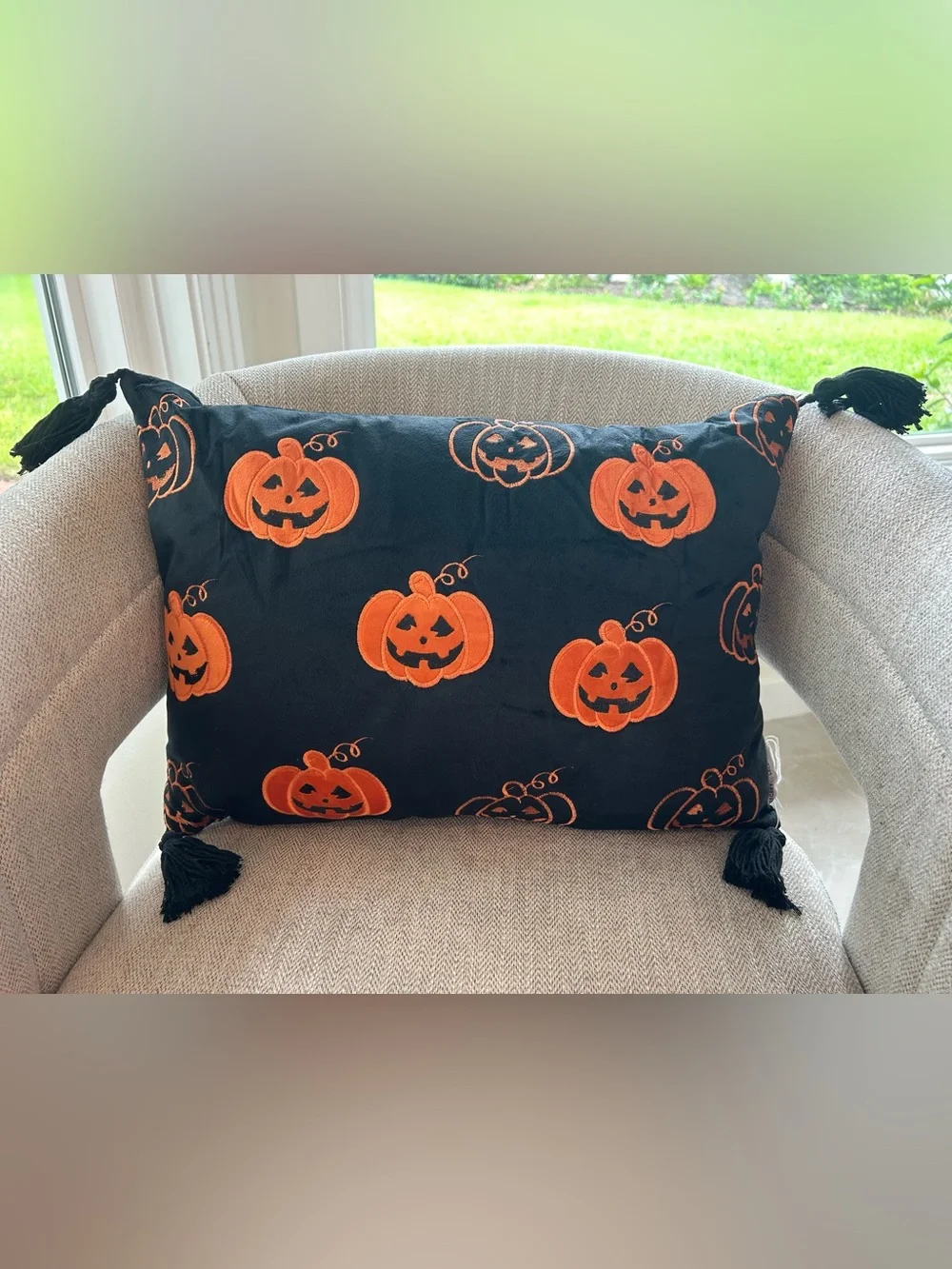 “New” Secret Celebrity Halloween Pumpkin Tassel Decorative Pillow - Black/Orange